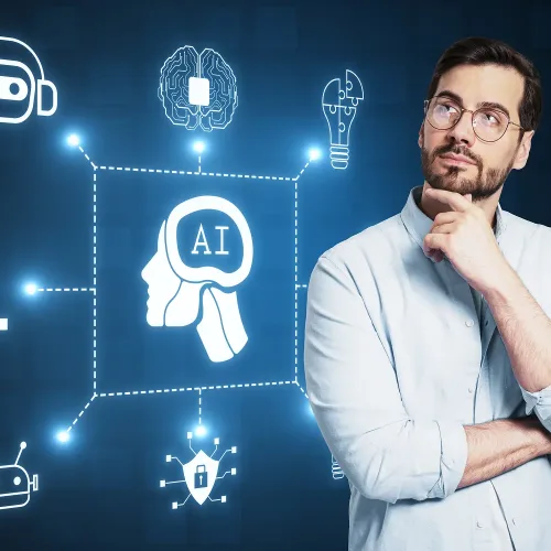 attractive-thoughtful-businessman-with-creative-glowing-ai-hologram-with-digital-human-head-blue-background-automated-machine-learning-artificial-intelligence-conversation-assistant-concept